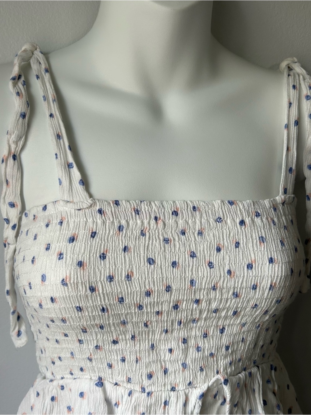 Paper Crane White Smocked Peplum Camisole with Blue Dot Print